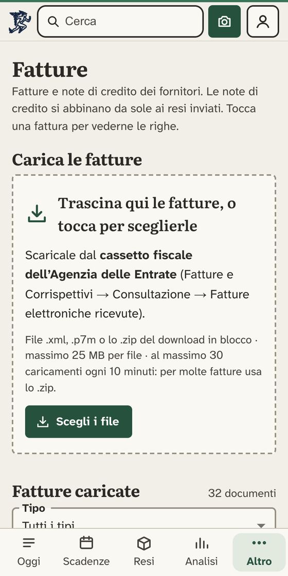La pagina Fatture: lo spazio per caricare i file dal cassetto fiscale e l'elenco delle fatture e note di credito dei fornitori già caricate.
