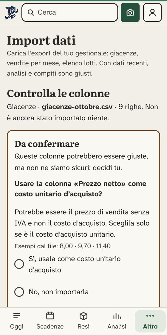 L'anteprima dell'import: FarmaValore chiede se usare la colonna «Prezzo netto» come costo d'acquisto e, per ogni colonna del file, mostra gli esempi e cosa contiene.