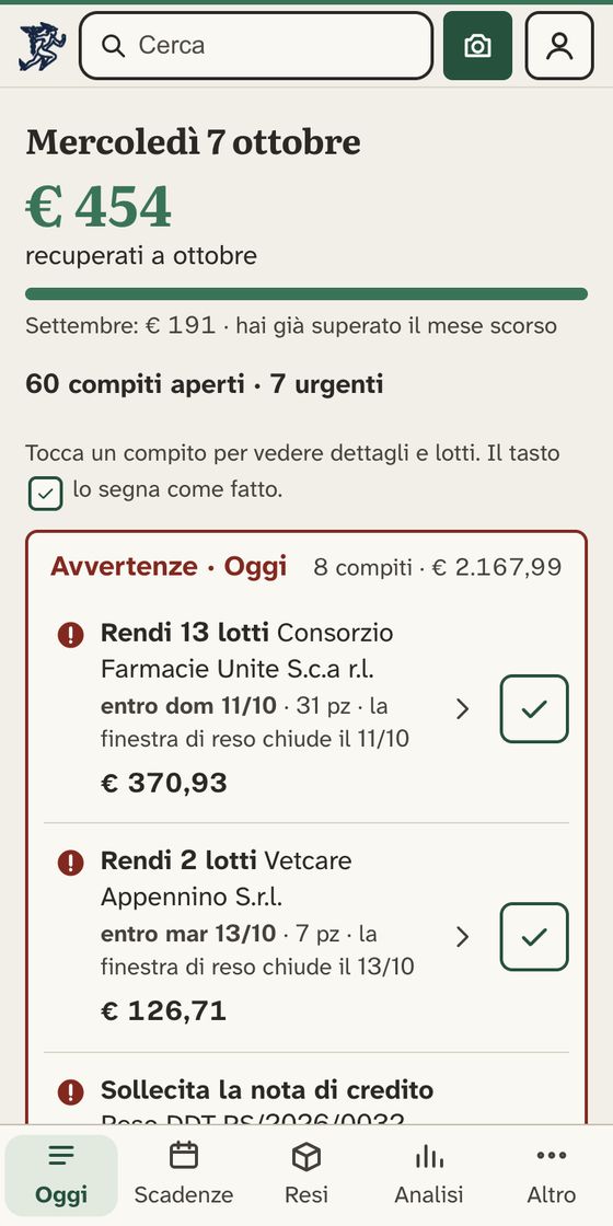 La pagina Oggi: le azioni in ordine di urgenza con gli euro in gioco; a destra il dettaglio del reso da fare entro domenica, con i lotti da rendere.