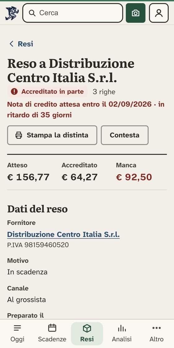 Il dettaglio di un reso accreditato in parte: atteso 156,77 euro, accreditato 64,27, mancano 92,50. La nota di credito è in ritardo di 35 giorni.