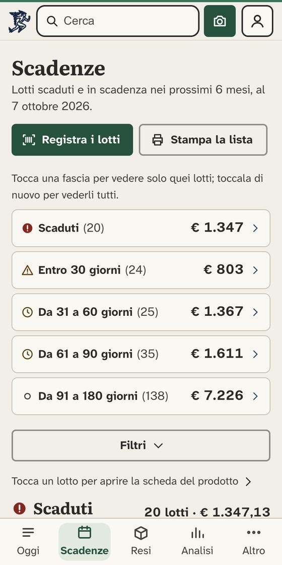La pagina Scadenze: scaduti 1.347 euro, entro 30 giorni 803, da 31 a 60 giorni 1.367, da 61 a 90 giorni 1.611, da 91 a 180 giorni 7.226. Sotto, l’elenco dei lotti scaduti con cosa fare.